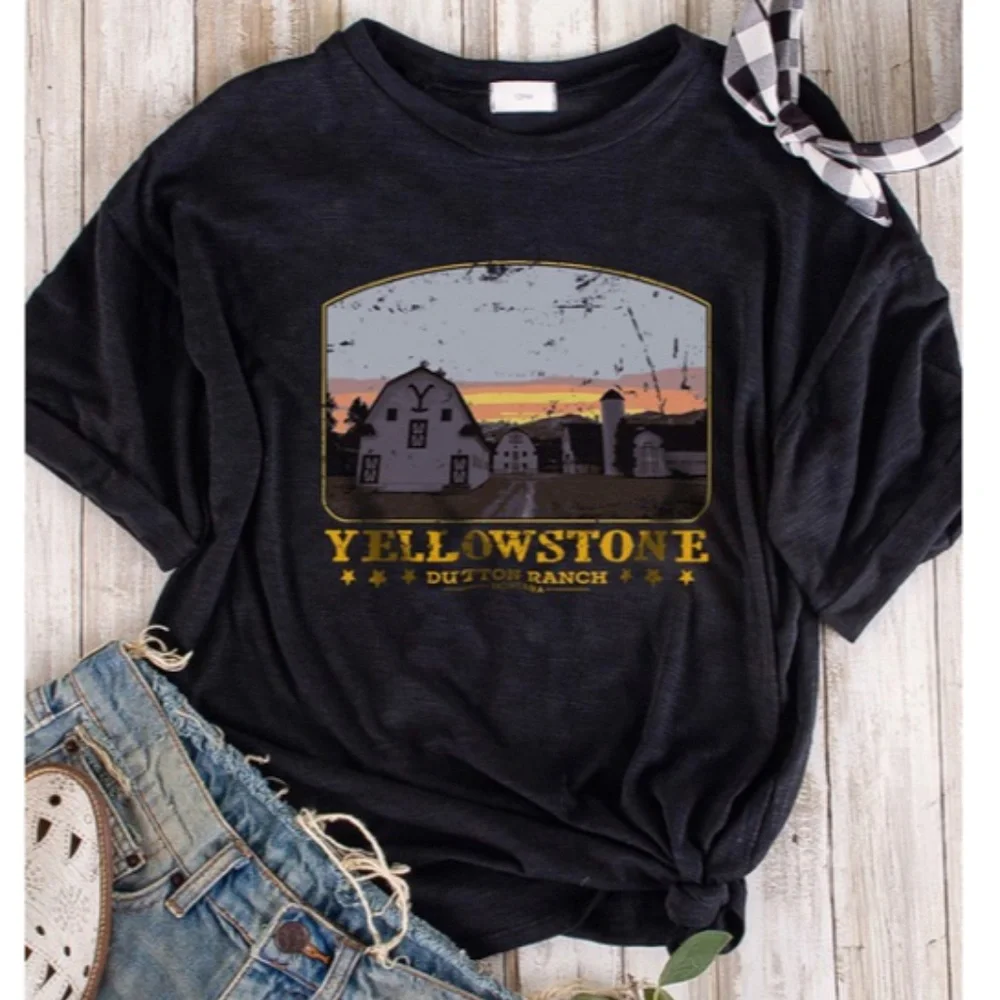 SOLD OUT Black Yellowstone Dutton Ranch Scenic Print Graphic Women's T-shirt Tee - Picture 1 of 1